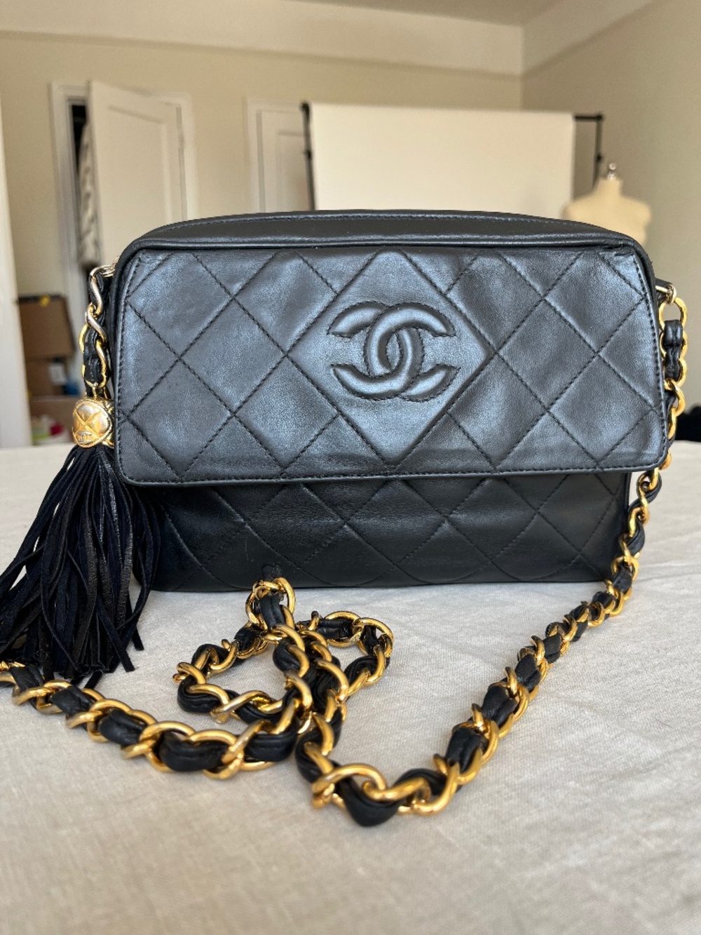 Vintage Chanel Black Lambskin Tassel Camera Bag